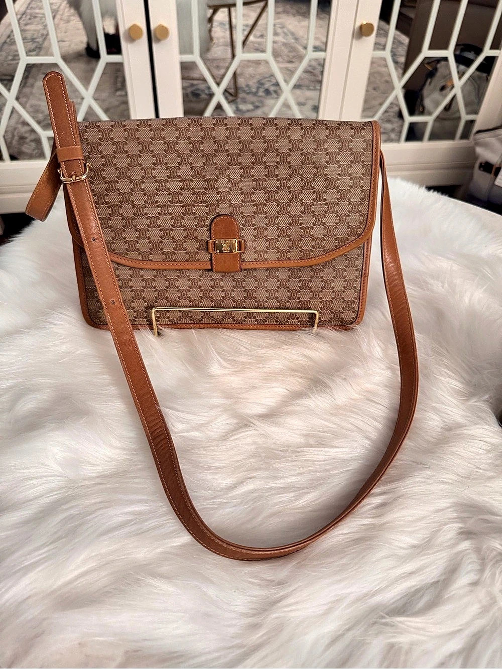Celine Vintage Macadam Flap Shoulder Bag Brown & Tan